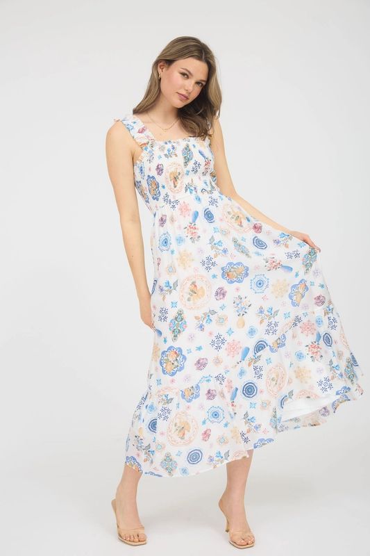 Fruit Print Smocked Sleeveless Midi Dress