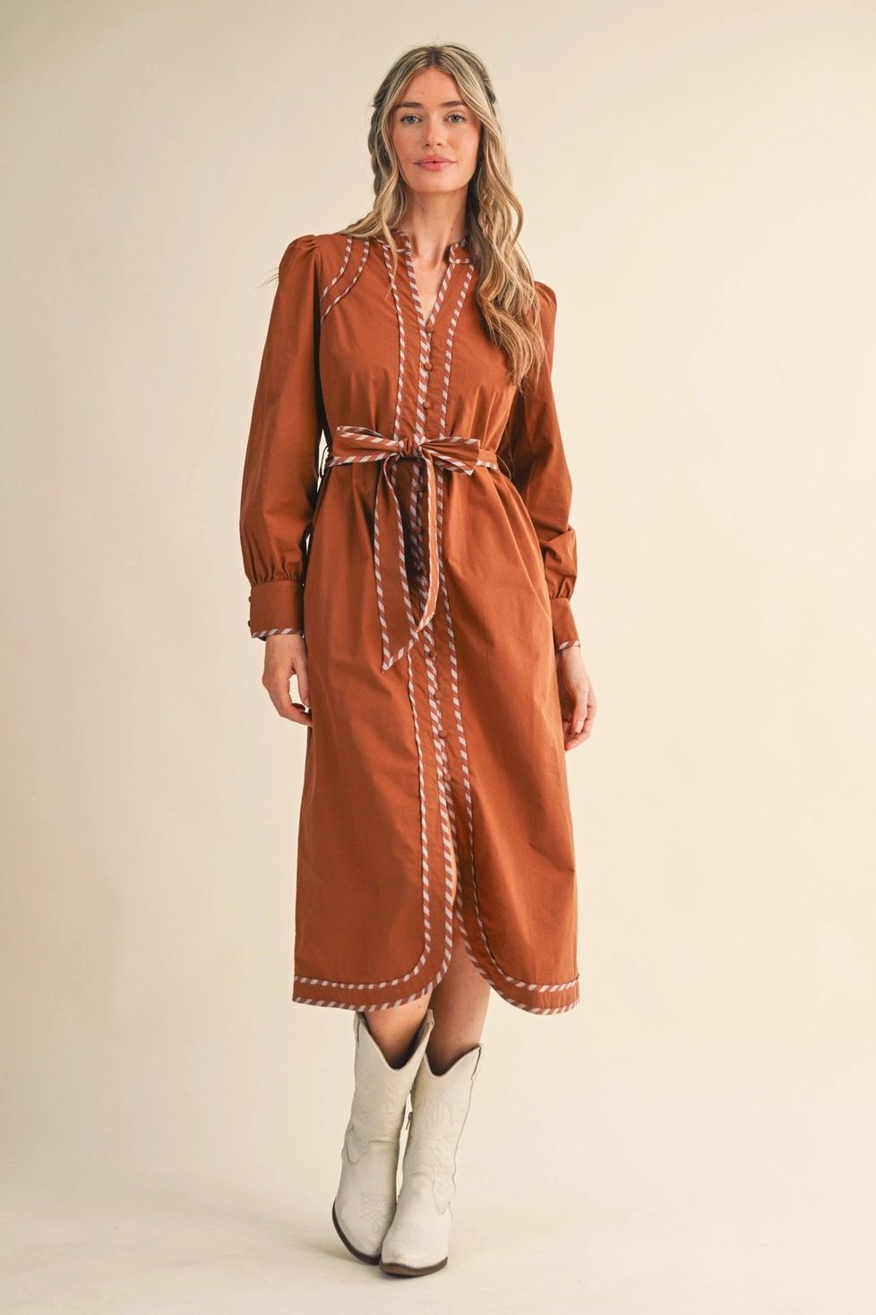 Striped Contrast Detail Belted Midi Dress 