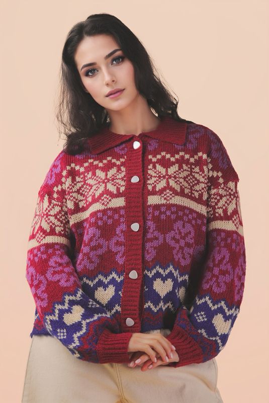 Oversized Button Down Graphic Knit Sweater