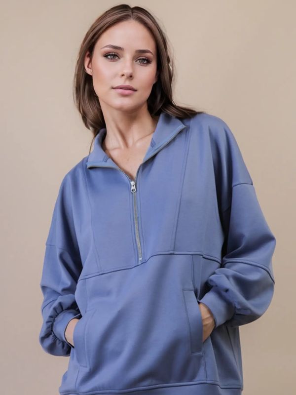 Half Zip Up Oversized Casual Comfy Knit Top