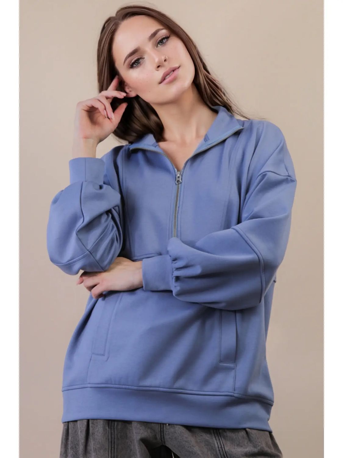 Half Zip Up Oversized Casual Comfy Knit Top, Size: Small