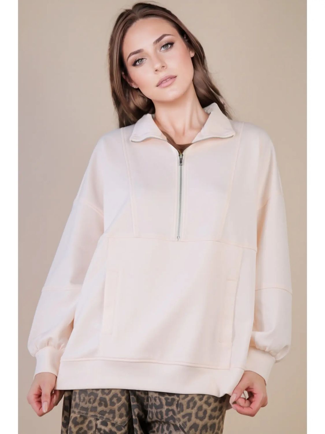 Half Zip Up Oversized Casual Comfy Knit Top