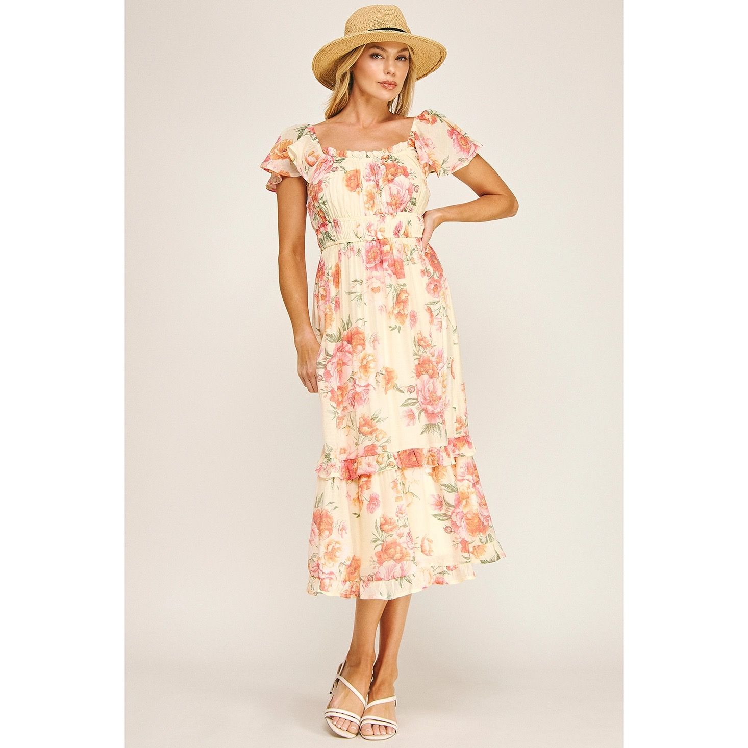 Flutter Sleeve Floral Tiered Midi Dress
