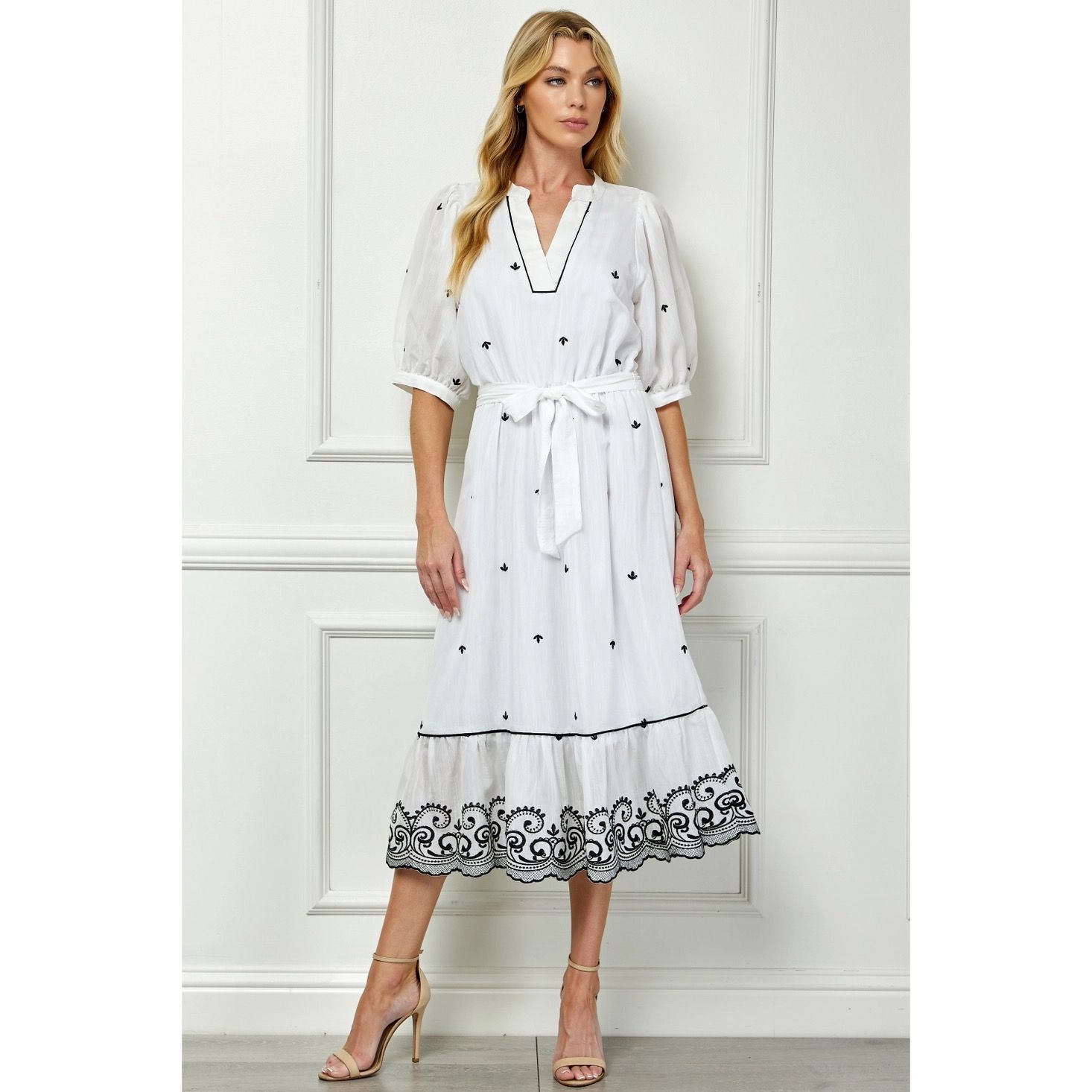 V Neck Embroidered Dress with Tie, Size: Small
