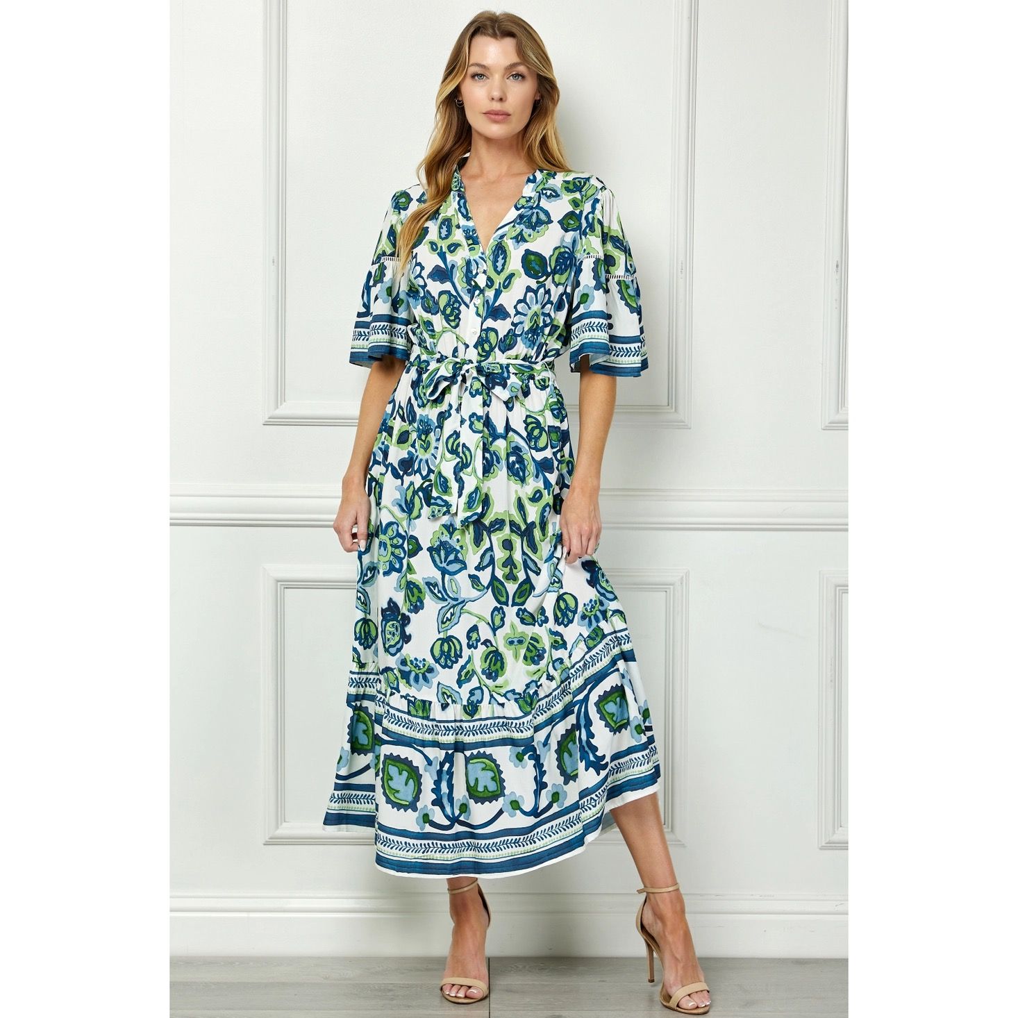Boho Bloom Ruffle Hem Peasant Midi Dress