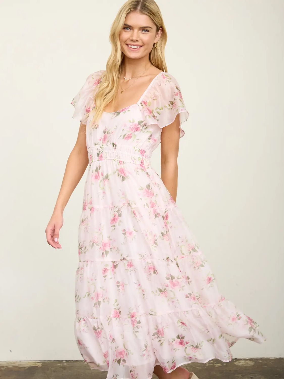 Floral Chiffon Flounce Sleeve Midi Dress