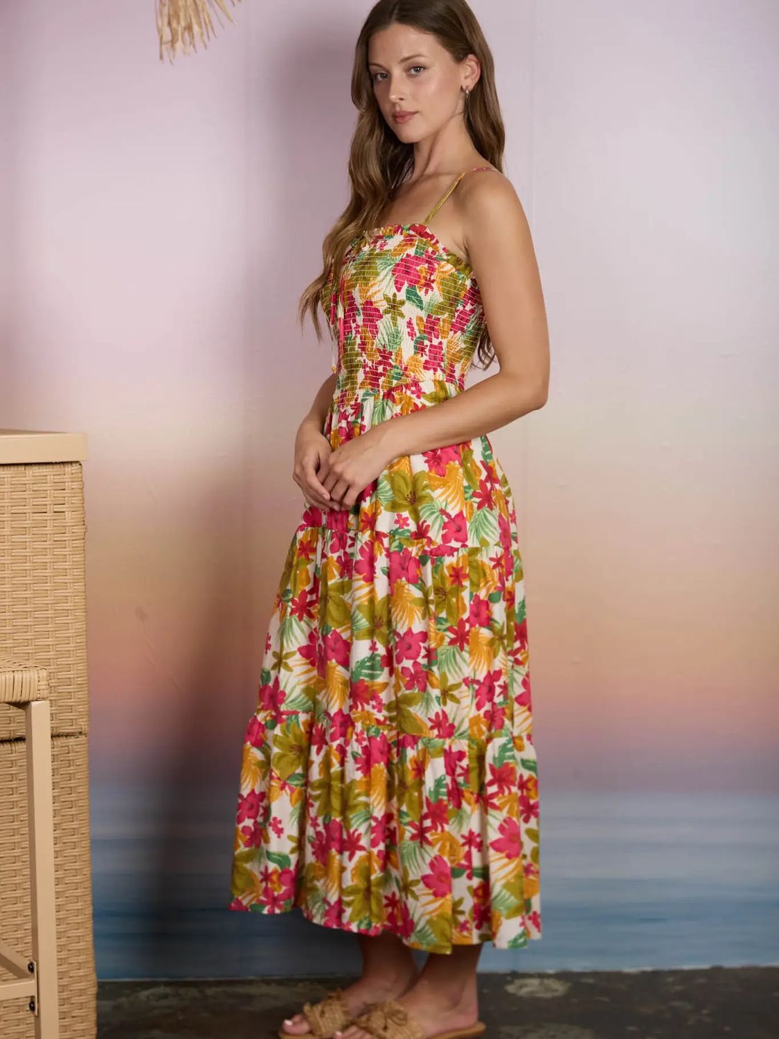 Tropical Floral Spaghetti Strap Midi Dress