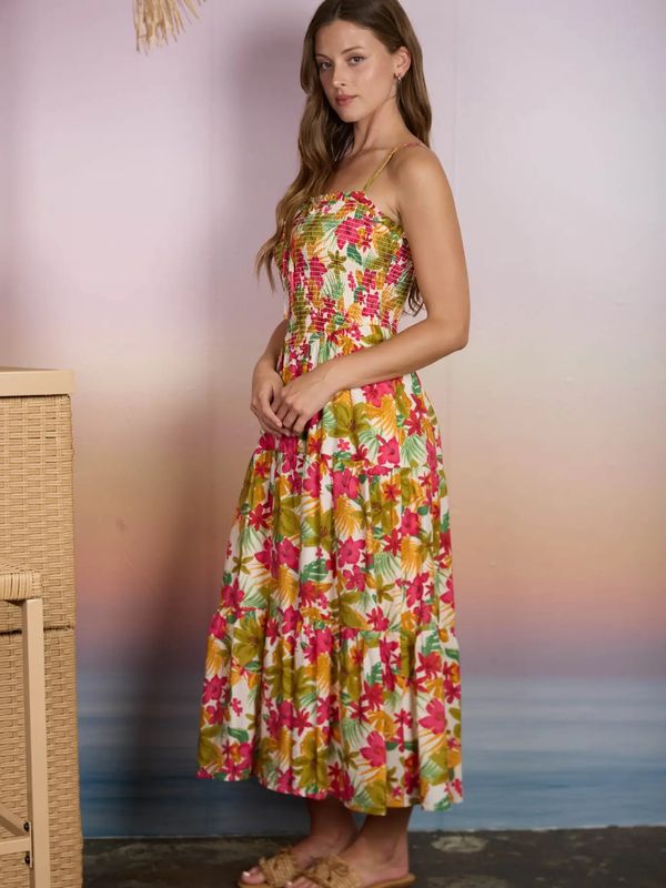 Tropical Floral Spaghetti Strap Midi Dress