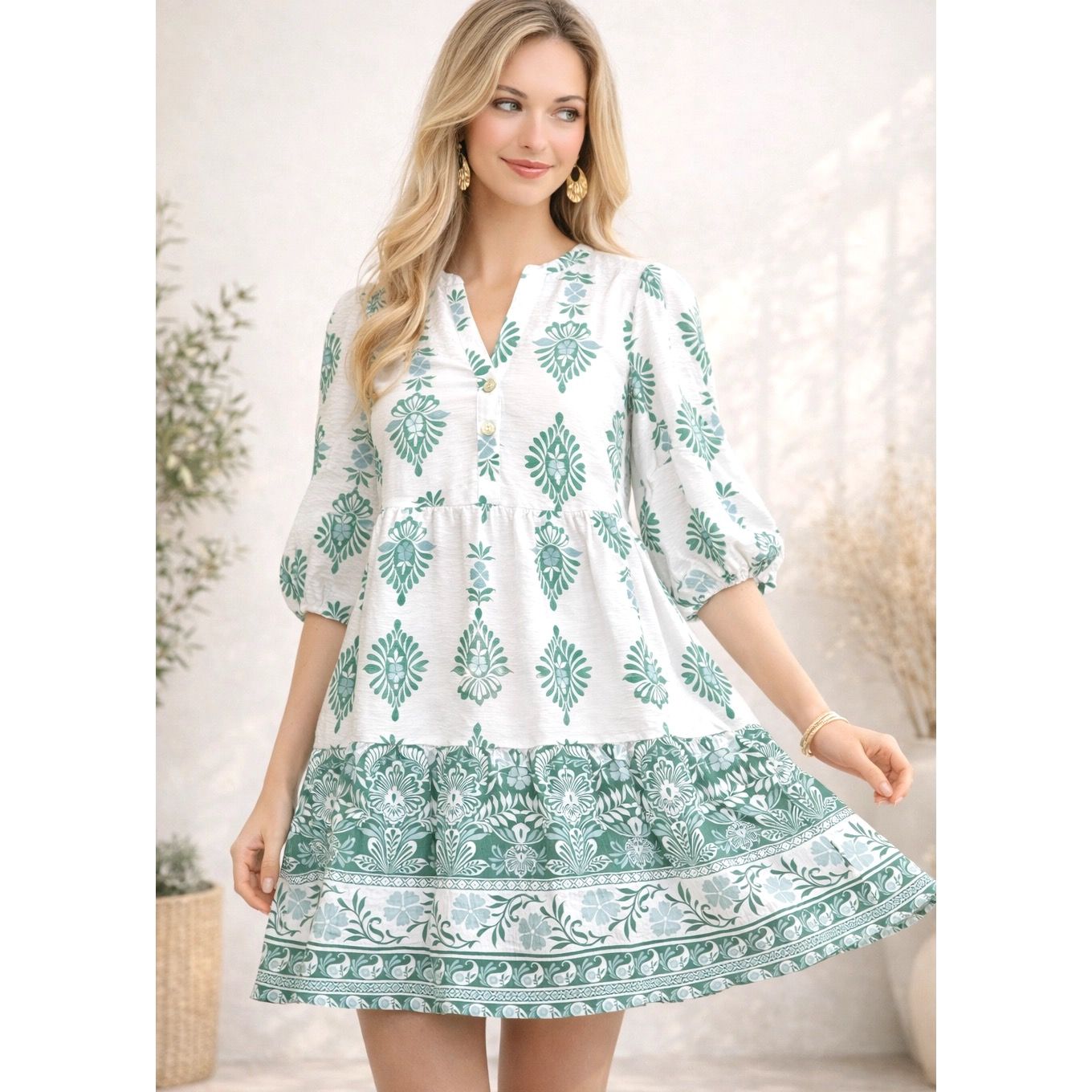 Soft Bloom Babydoll Button Front Dress - Green