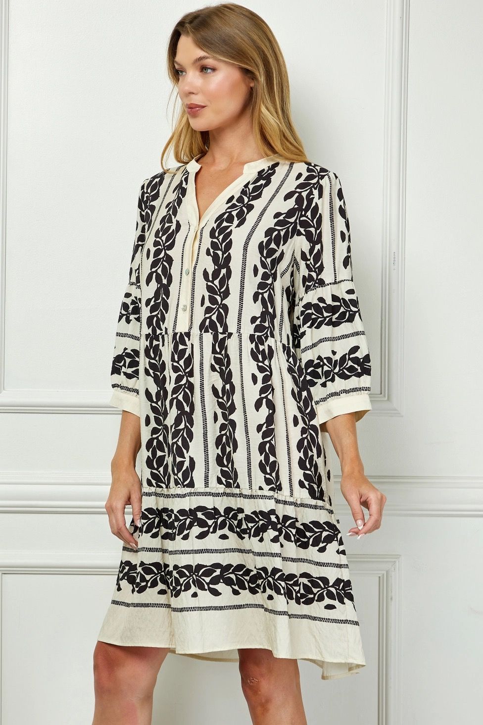 Midi Dress Leaf Print Collared Neck