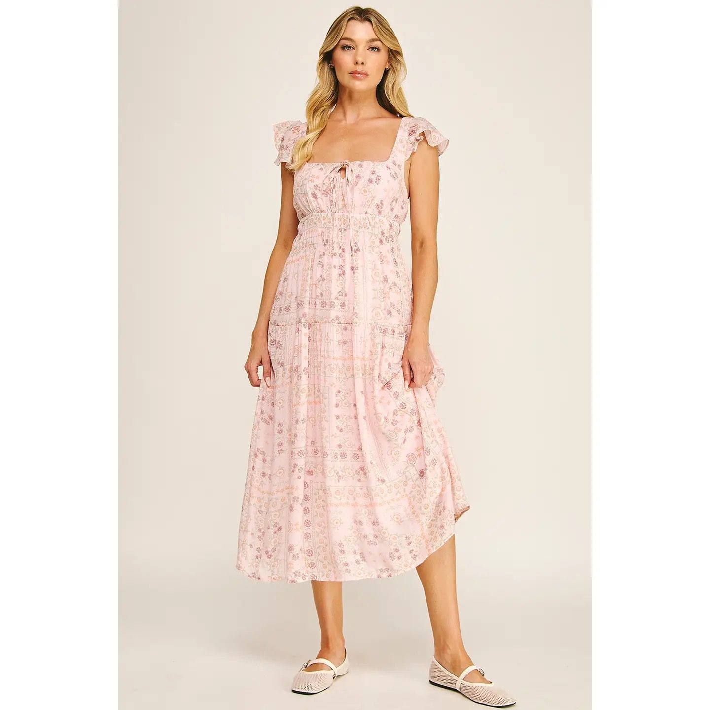 Soft Bloom Tiered Midi Dress , Size: Small