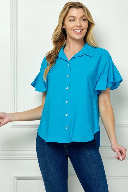 Ruffle Sleeve Top - Turq