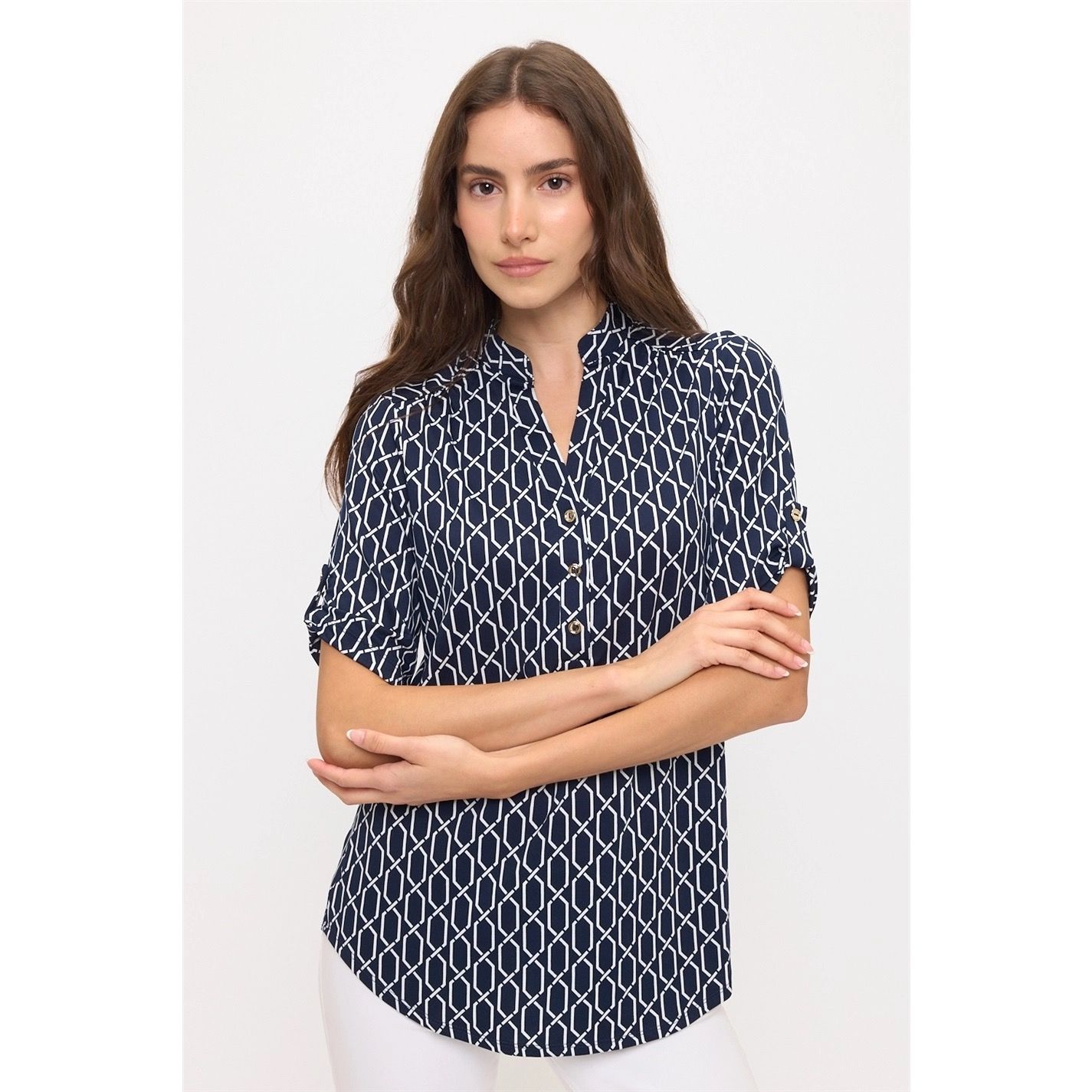 Mandarin Half Placket Roll Tab Shirt