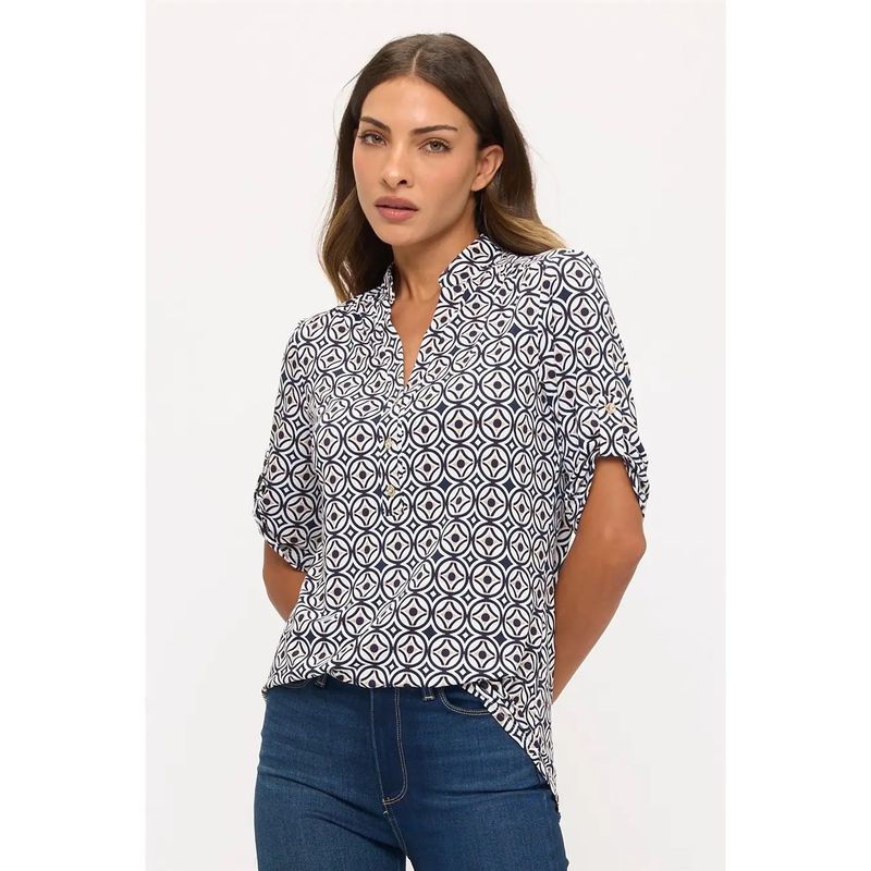 Mandarin Half Placket Roll Tab Shirt