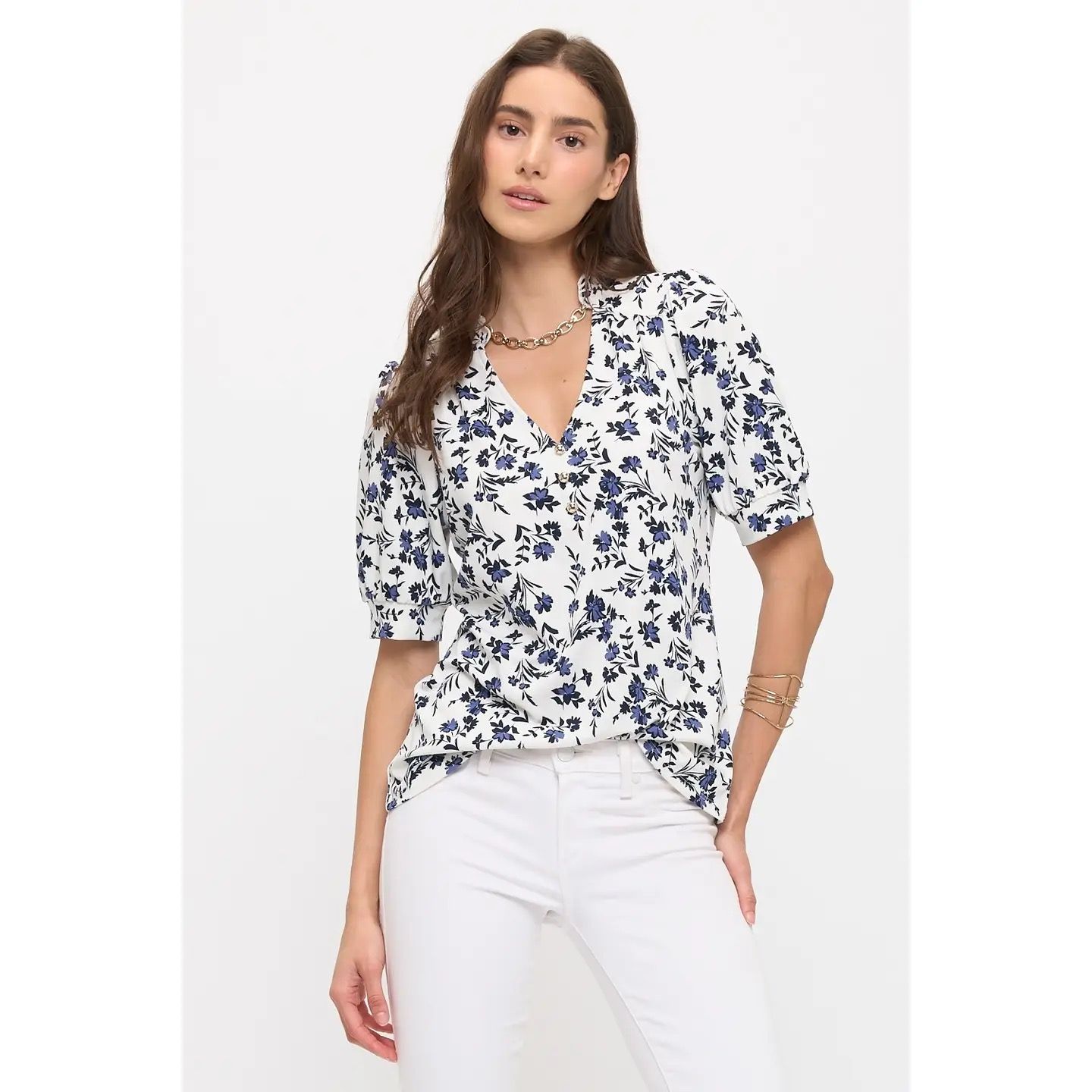 Floral Moss Crepe Puff Top