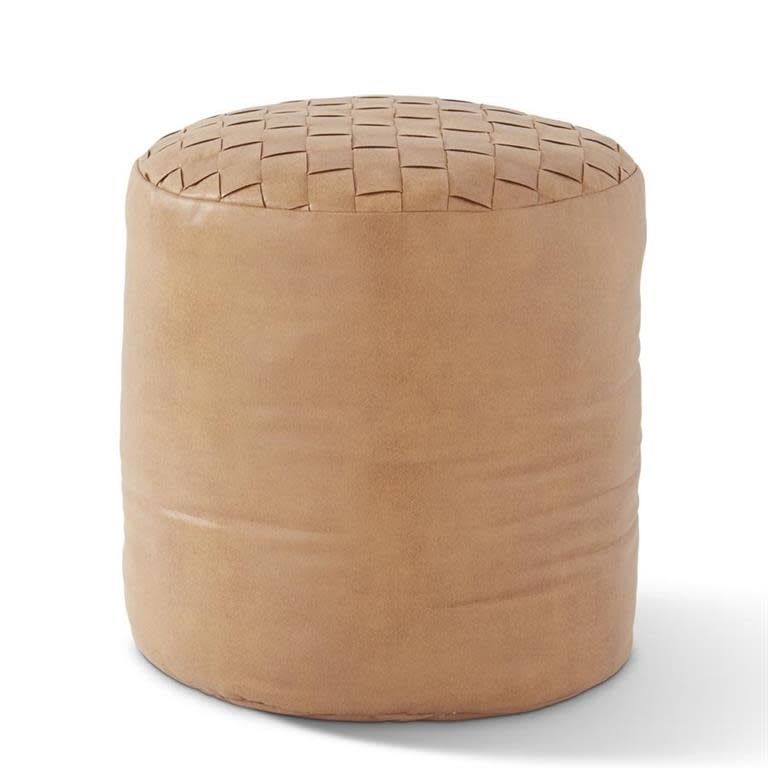 Tan Woven Vegan Leather Round Pouf Ottoman