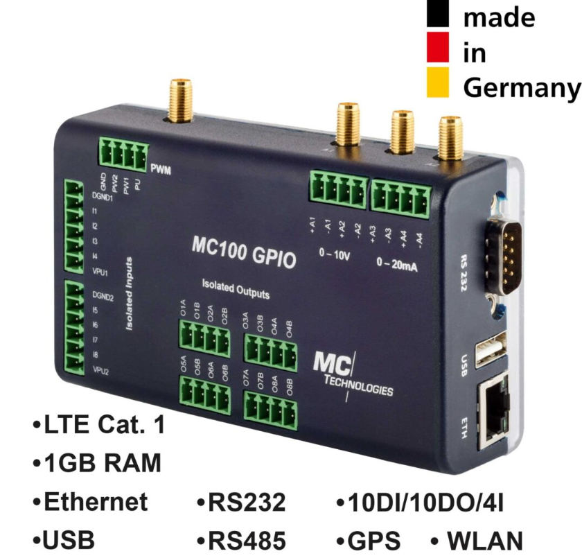 MC100 Gateway GPIO 1GB RAM LTE CAT1, GPS/WLAN, 1ETH/USB/RS232/RS485, 10DI/10DO/4I