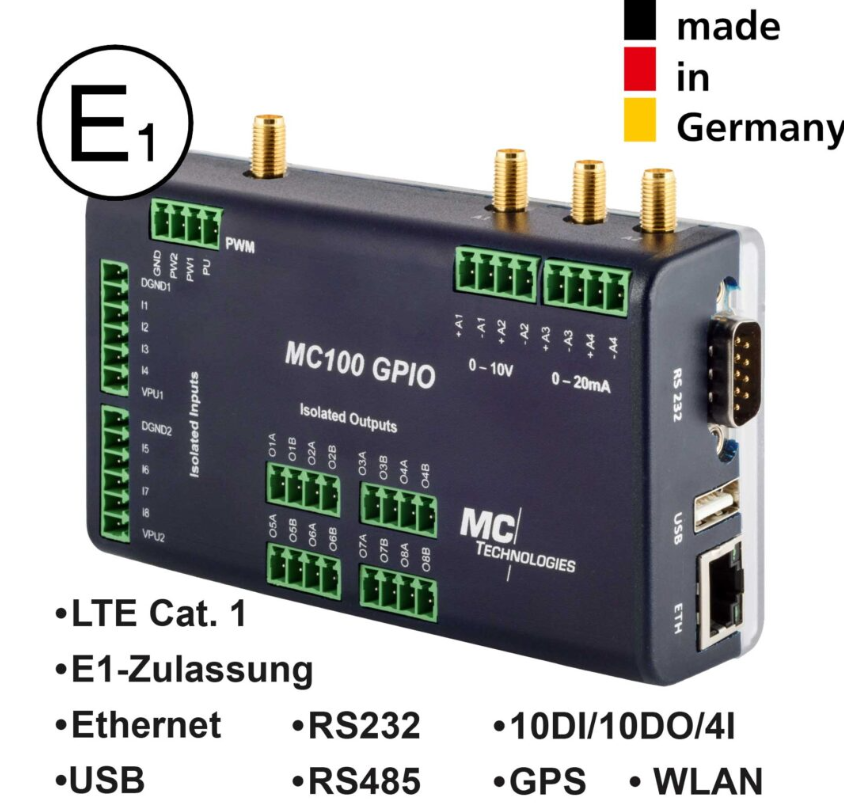 MC100 Gateway GPIO GPS/WLAN E1 LTE CAT1, 1ETH/USB/RS232/RS485, 10DI/10DO/4I, E1 (Mobile) approval