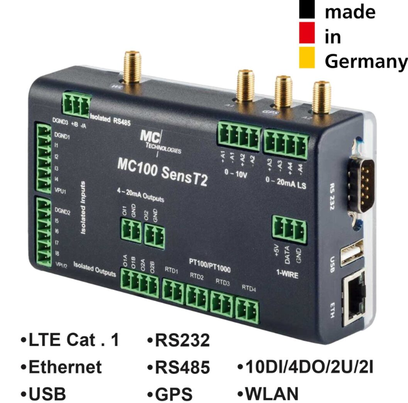 MC100 Gateway SensT2 GPS/WLAN LTE CAT1, 1ETH/USB/RS232/RS485, 10DI/4DO/2U/2I