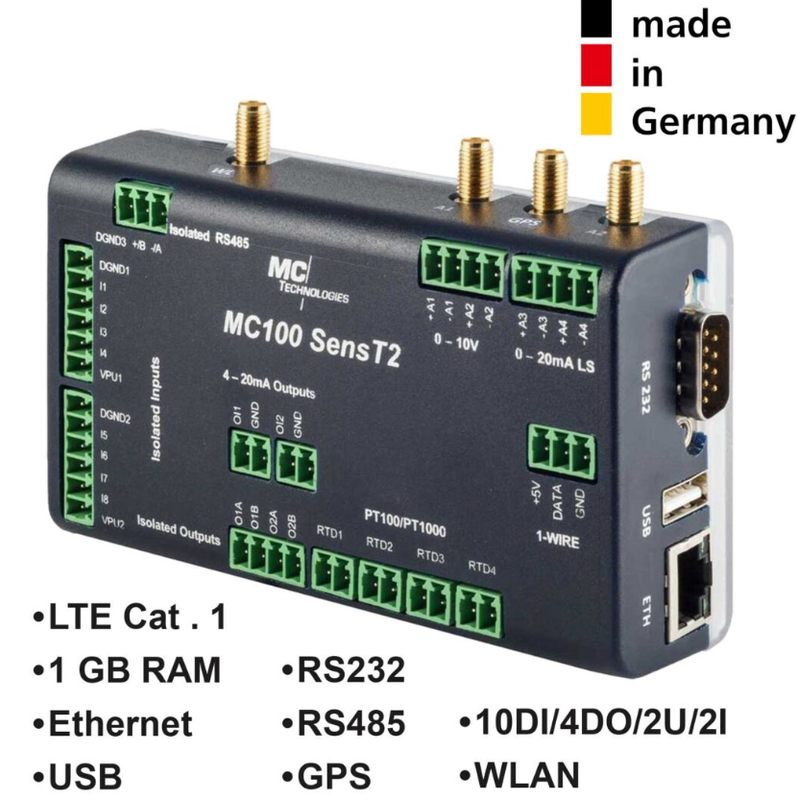 MC100 Gateway SensT2 1GB RAM LTE CAT1, GPS/WLAN, 1ETH/USB/RS232/RS485, 10DI/4DO/2U/2I