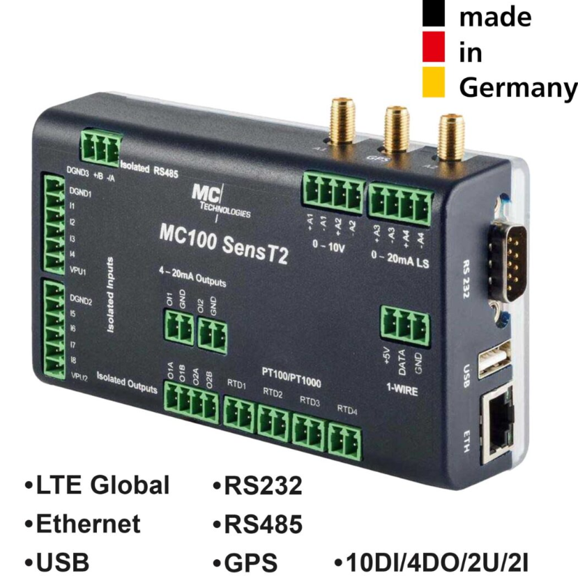 MC100 Gateway SensT2 Global GPS, LTE CAT1, 1ETH/USB/RS232/RS485, 10DI/4DO/2U/2I