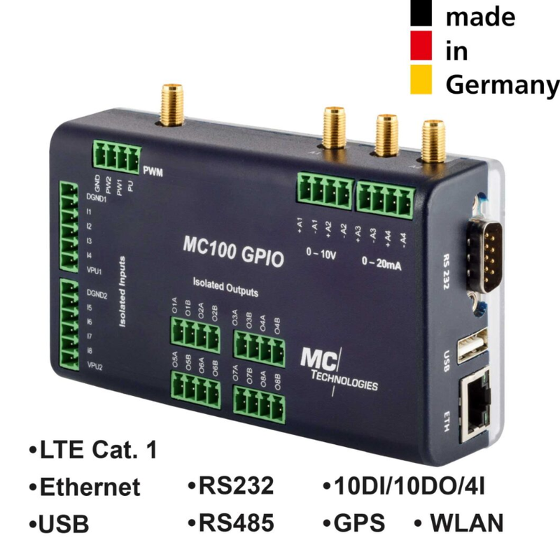MC100 Gateway GPIO GPS/WLAN LTE CAT1, 1ETH/USB/RS232/RS485, 10DI/10DO/4I