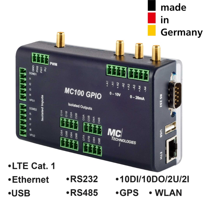 MC100 Gateway GPIO GPS/WLAN LTE CAT1, 1ETH/USB/RS232/RS485, 10DI/10DO/2U/2I