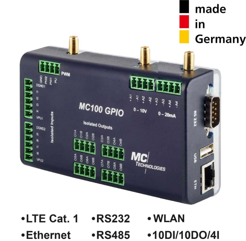 MC100 Gateway GPIO WLAN LTE CAT1, 1ETH/USB/RS232/RS485, 10DI/10DO/4I