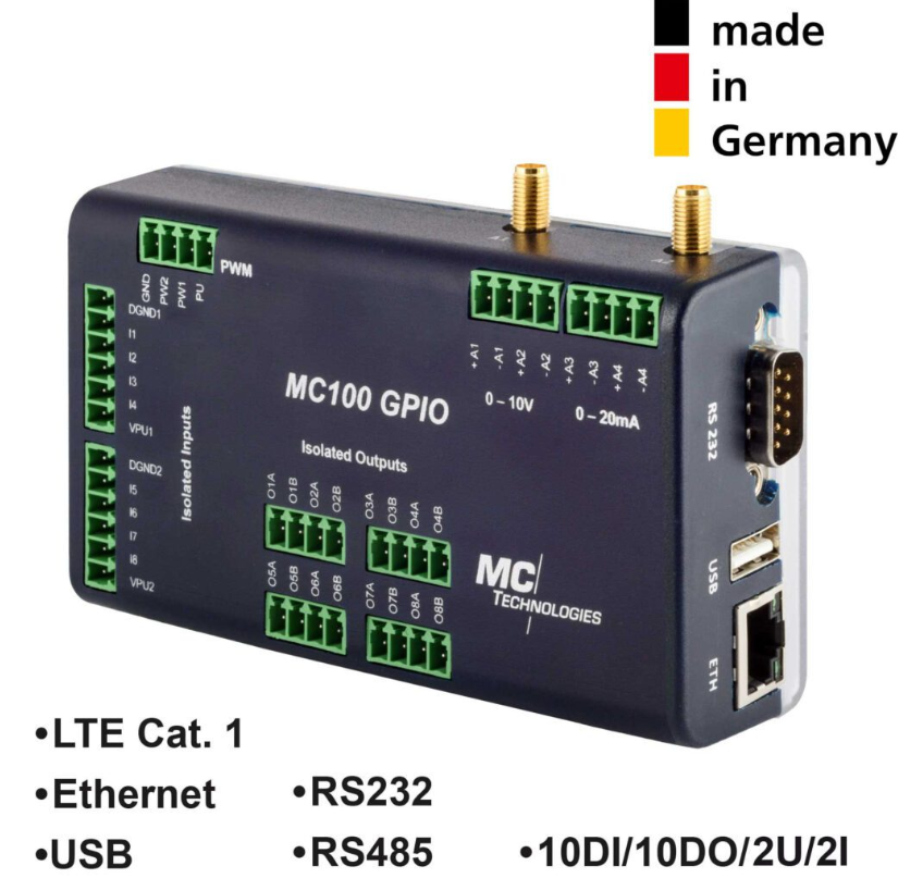 MC100 Gateway GPIO Basic LTE CAT1, 1ETH/USB/RS232/RS485, 10DI/10DO/2U 2I