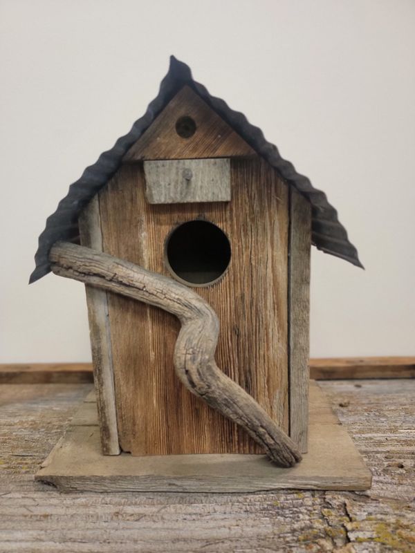 Bird House Red tin roof with stick