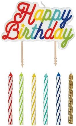 7 Multi-Colored Birthday Candles &amp; Happy Bday Pick Candle