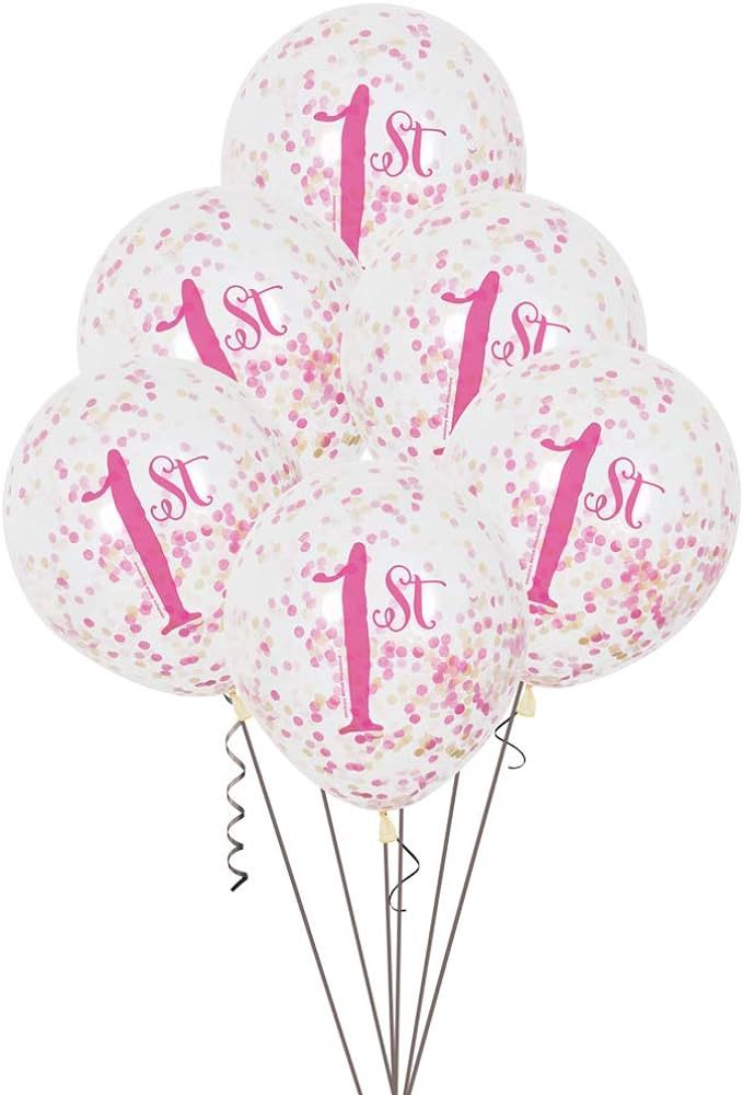 6pcs 12&quot; 1st Birthday Pink Confetti Balloons (Helium)