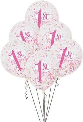 6pcs 12" 1st Birthday Pink Confetti Balloons (Helium)