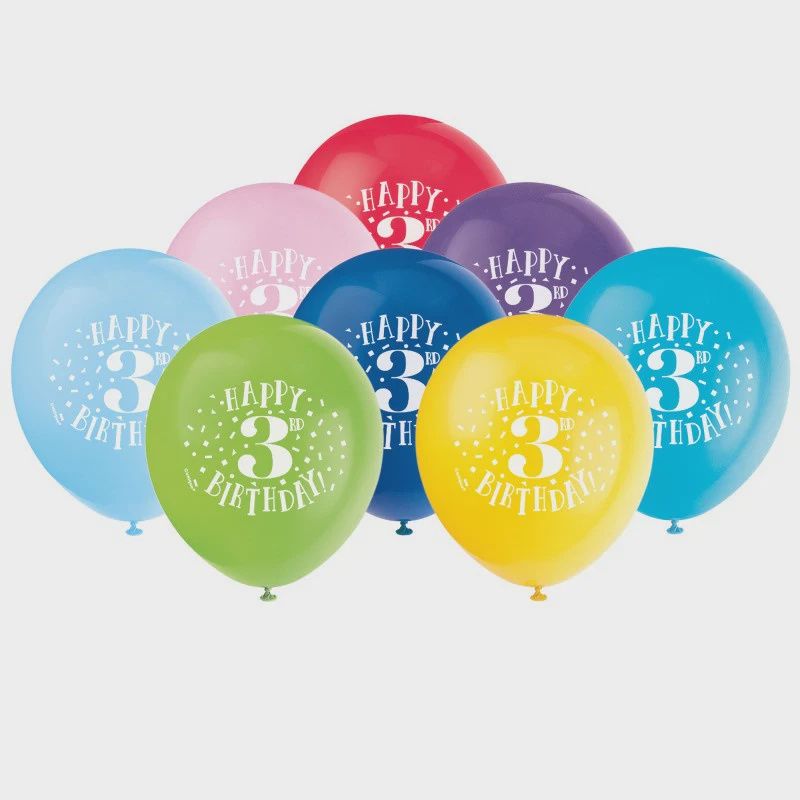 8pcs 12&quot; &quot;Happy 3rd Birthday&quot; Helium Balloons (Helium)