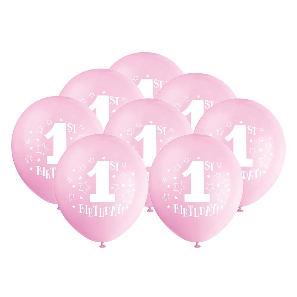 8pcs 12&quot; 1st Birthday Pink Balloons (Helium)