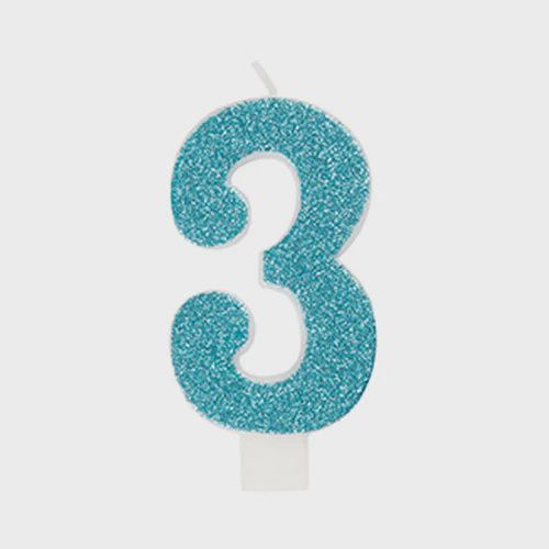 Glitter Numeral 3 Candle, Color: Teal