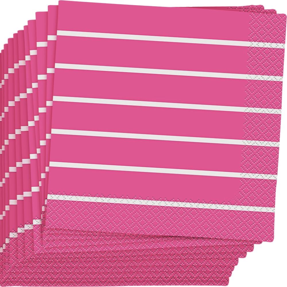 16pcs Hot Pink Striped Solid Color Beverage Napkins