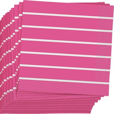 16pcs Hot Pink Striped Solid Color Beverage Napkins