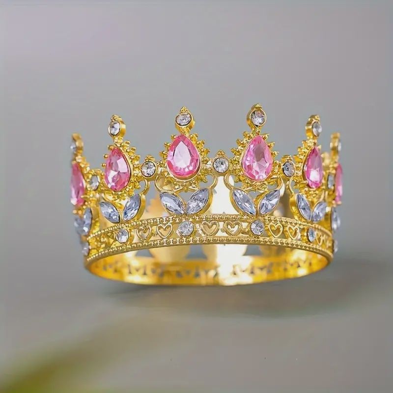Baroque Style Rhinestone Crown Tiara, Color: Pink