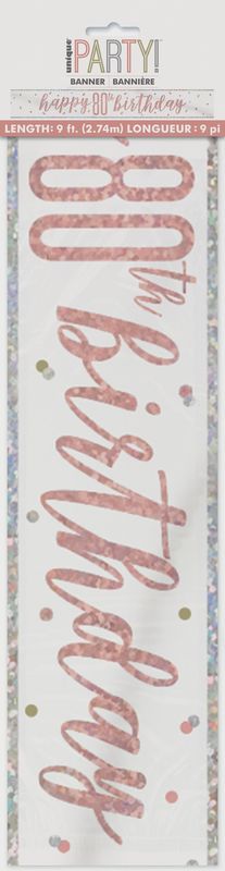 9ft Happy 80th Birthday Rose Gold Foil Banner