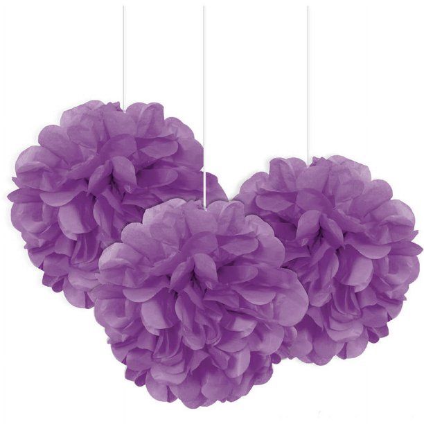 9&quot; 3 Purple Mini Puff Balls Hanging Decorations