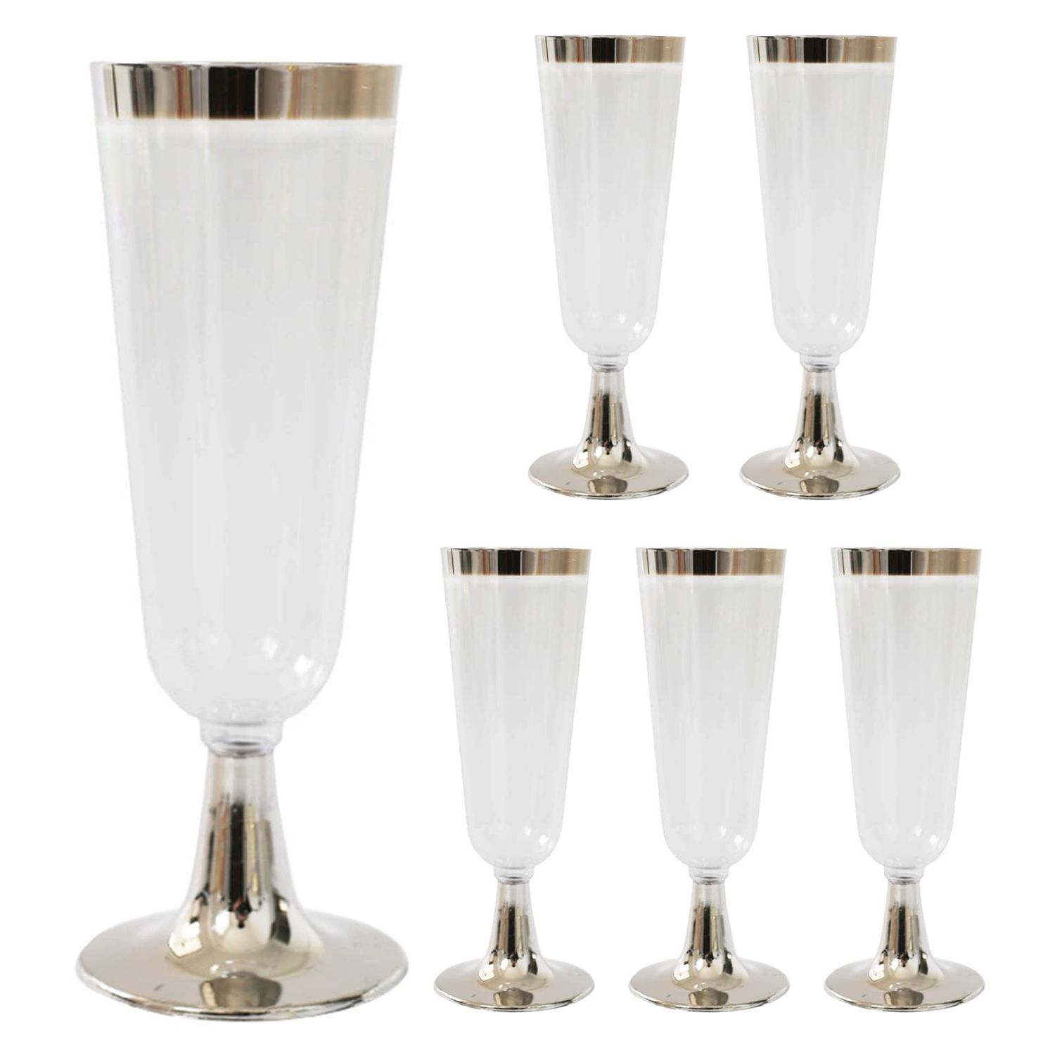 6pcs Clear Plastic Champagne Flutes with Colored Rim &amp; Stem
