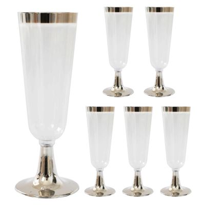 6pcs Clear Plastic Champagne Flutes with Colored Rim &amp; Stem