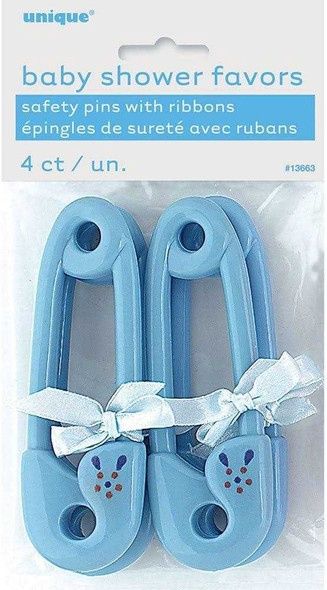 4pcs Blue Big Safety Pins with Ribbons Favors