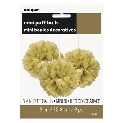 9&quot; 3pcs Gold Mini Puff Balls Hanging Decorations