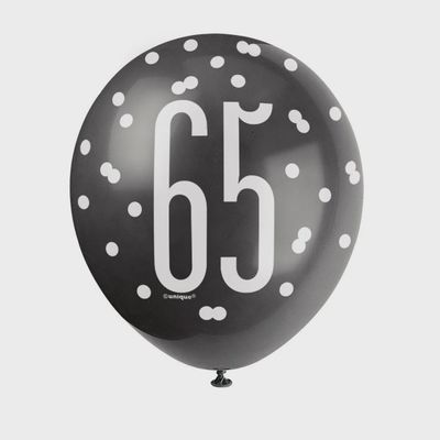 6pcs 12&quot; Dots 65th Birthday Balloons (Silver, Black &amp; Cream)