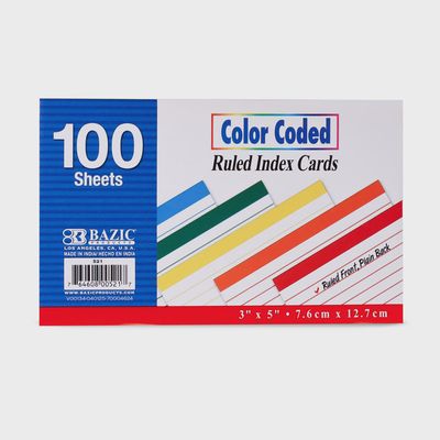 100sheets 3"x5" Color Coded Ruled Index Cards