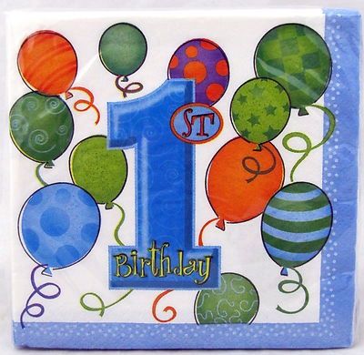 16pcs First Birthday Blue Beverage Napkins