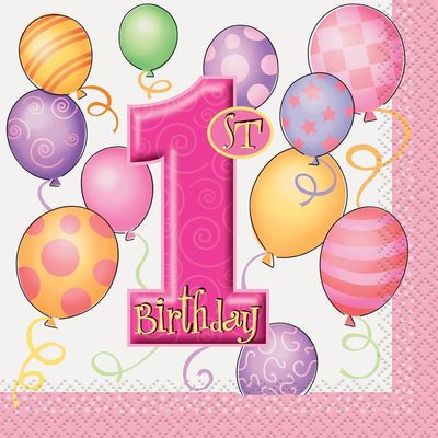 16pcs First Birthday Pink Beverage Napkins
