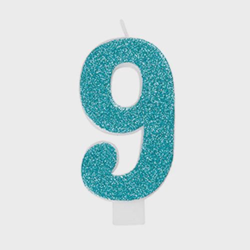 Glitter Numeral 9 Candle, Color: Light Blue